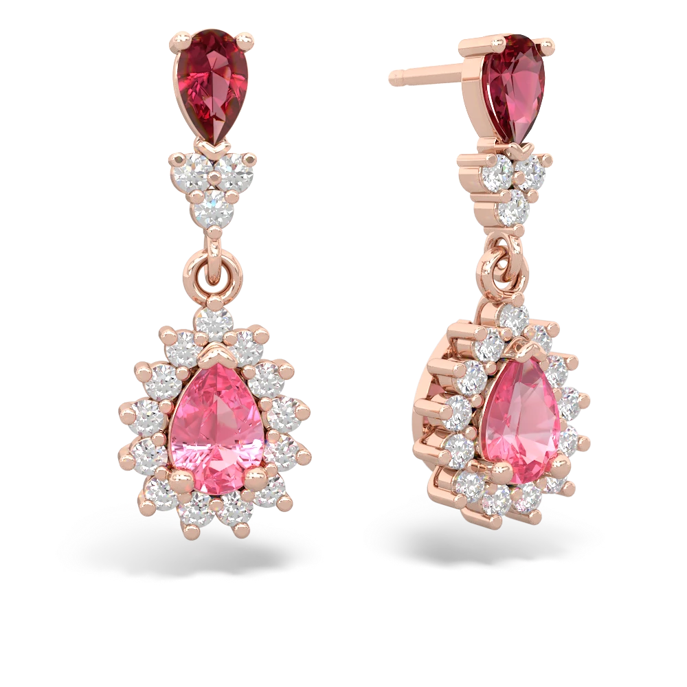 Lab Ruby Halo Pear Dangle 14K Rose Gold earrings E1882