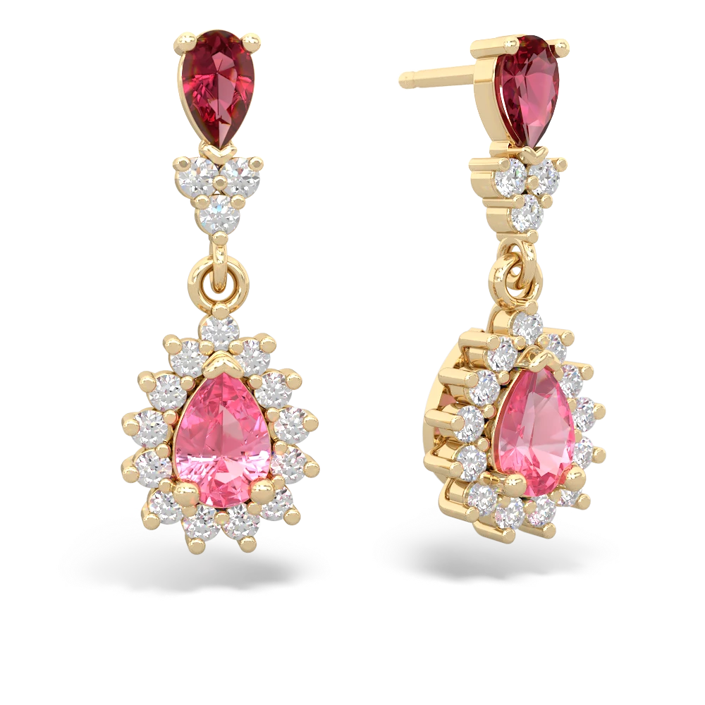 Lab Ruby Halo Pear Dangle 14K Yellow Gold earrings E1882