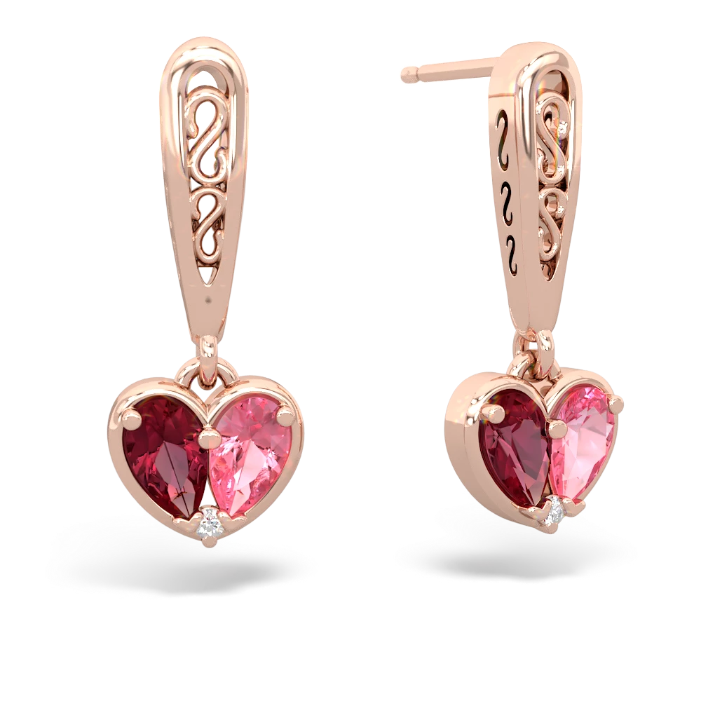 Lab Ruby Filligree Heart 14K Rose Gold earrings E5070