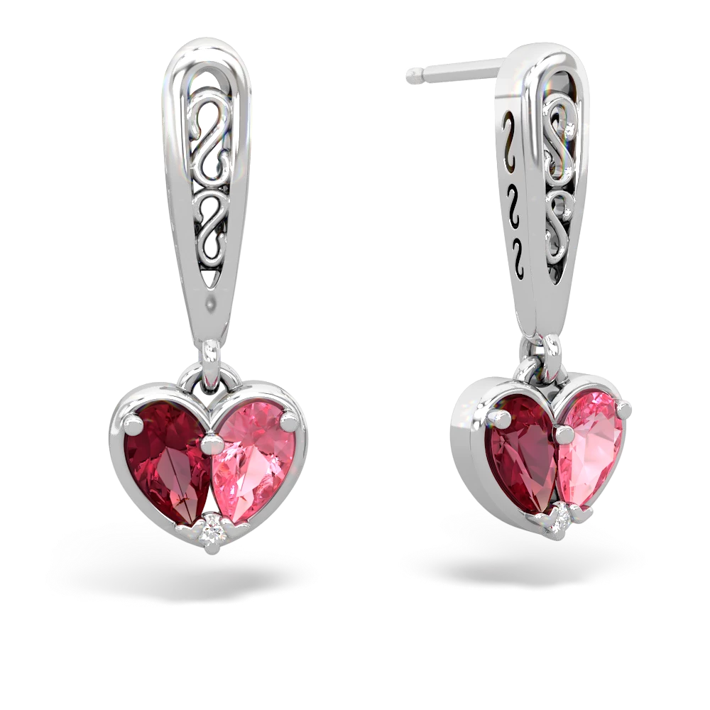 Lab Ruby Filligree Heart 14K White Gold earrings E5070