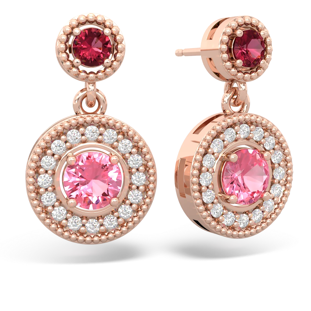 Lab Ruby Halo Dangle 14K Rose Gold earrings E5319