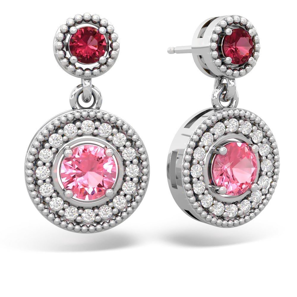 Lab Ruby Halo Dangle 14K White Gold earrings E5319