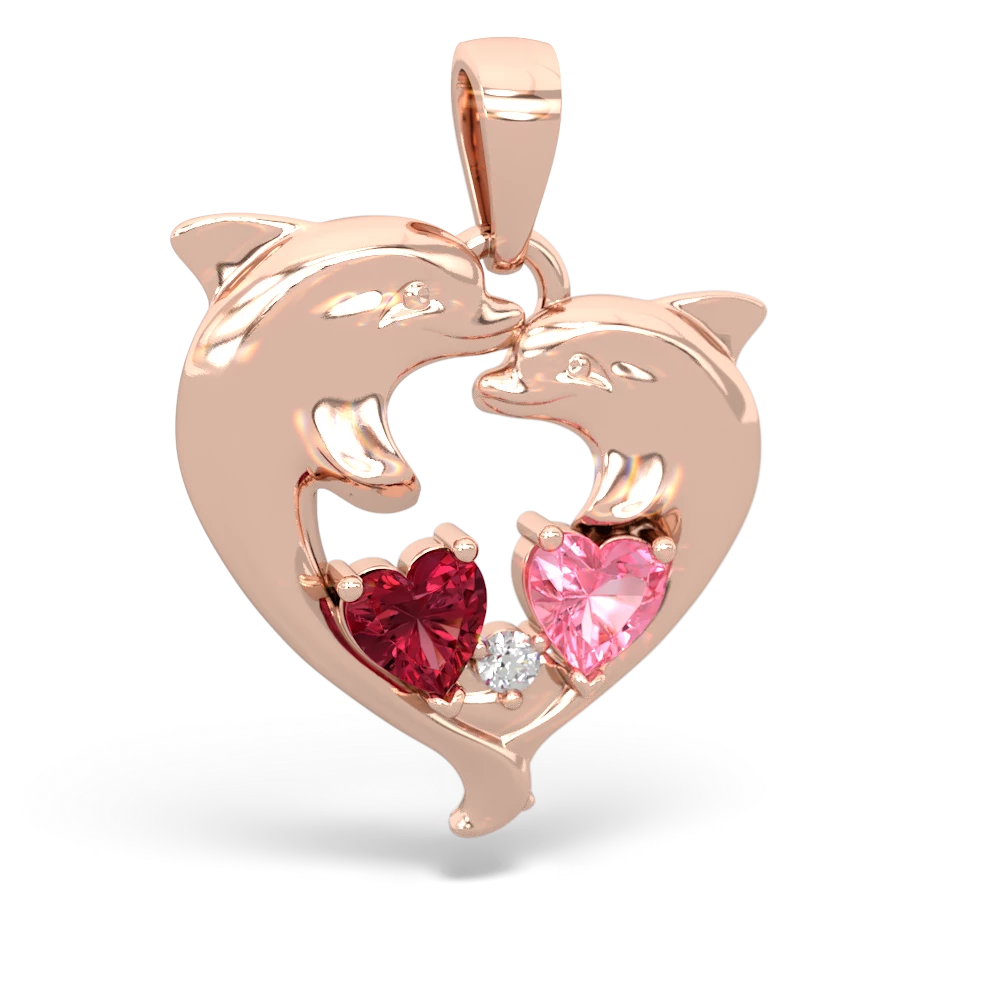 Lab Ruby Dolphin Heart 14K Rose Gold pendant P5820