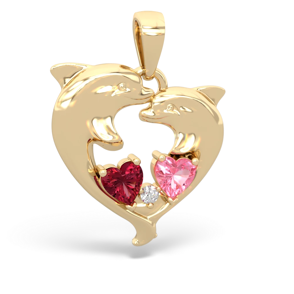 Lab Ruby Dolphin Heart 14K Yellow Gold pendant P5820