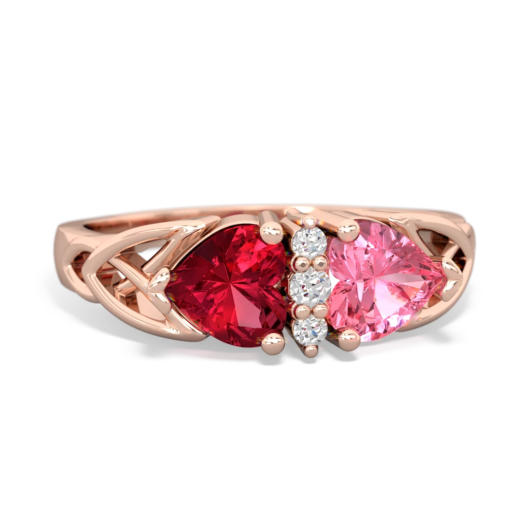 Lab Ruby Celtic Knot Double Heart 14K Rose Gold ring R5040