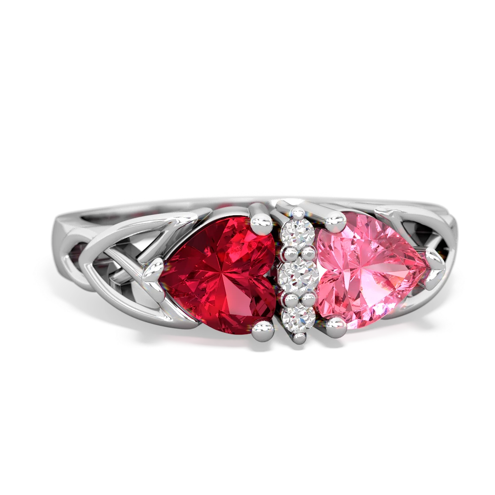 Lab Ruby Celtic Knot Double Heart 14K White Gold ring R5040