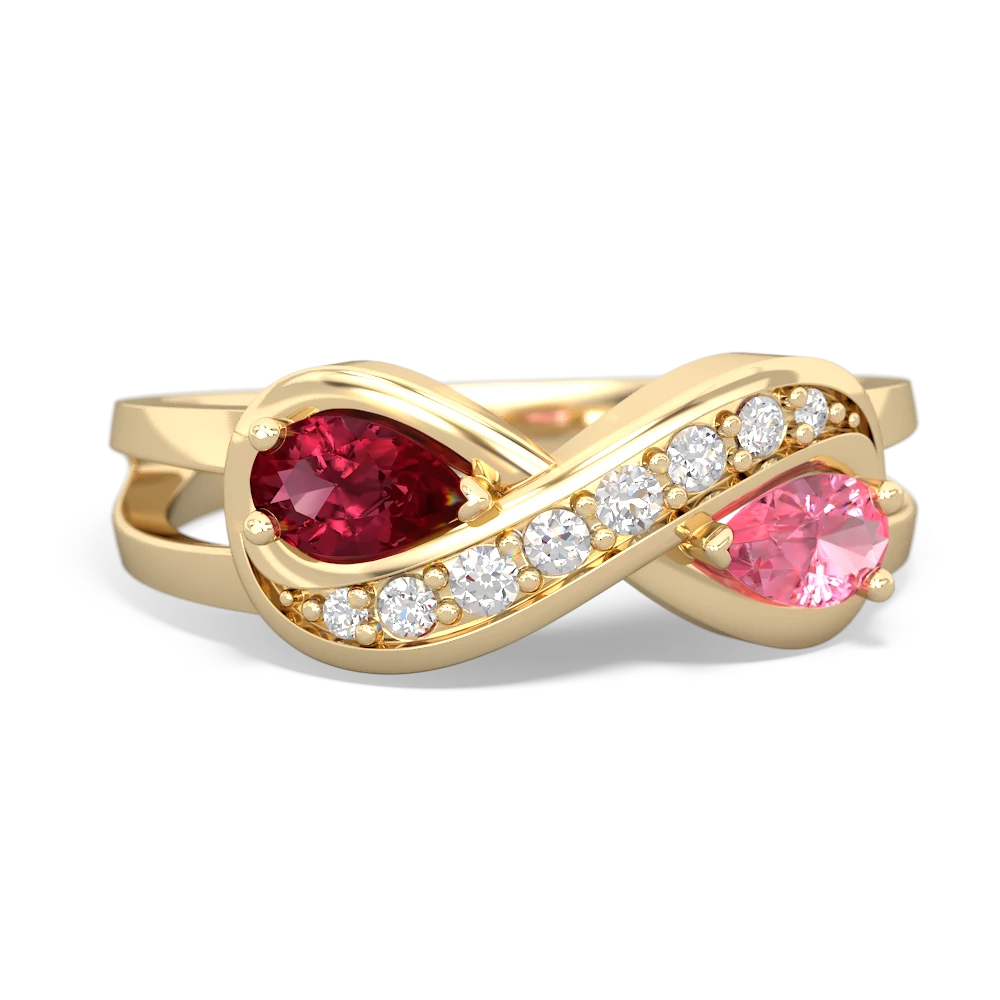 Lab Ruby Diamond Infinity 14K Yellow Gold ring R5390