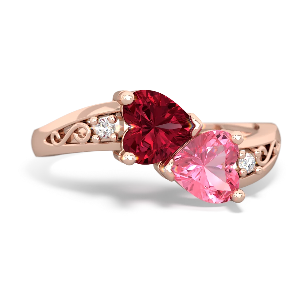 Lab Ruby Snuggling Hearts 14K Rose Gold ring R2178