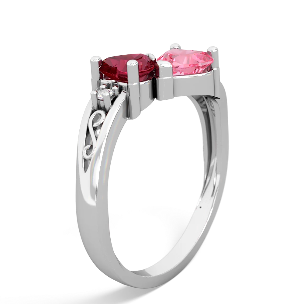 Lab Ruby Snuggling Hearts 14K White Gold ring R2178