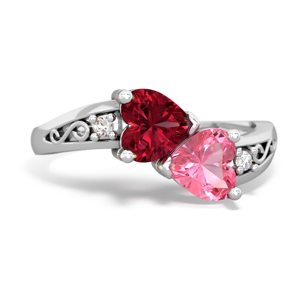 Lab Ruby Snuggling Hearts 14K White Gold ring R2178