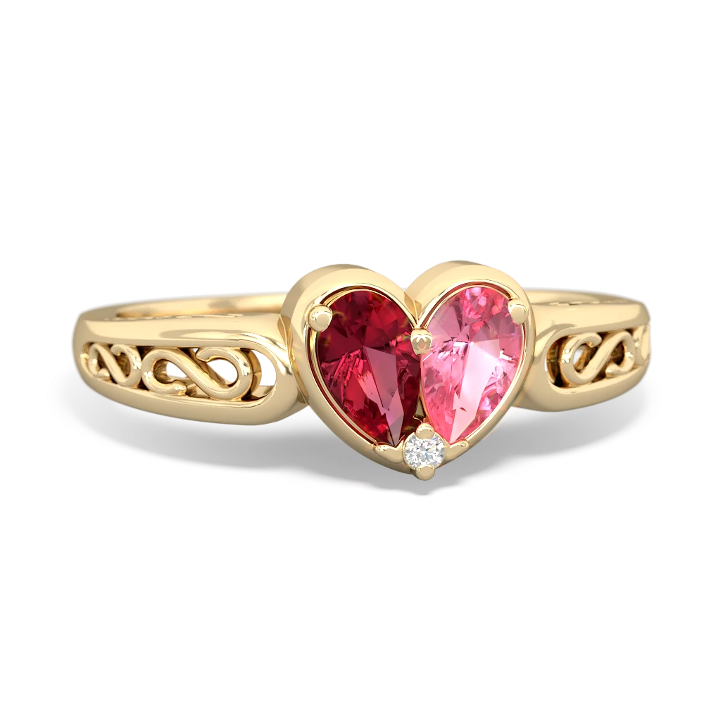 Lab Ruby Filligree 'One Heart' 14K Yellow Gold ring R5070