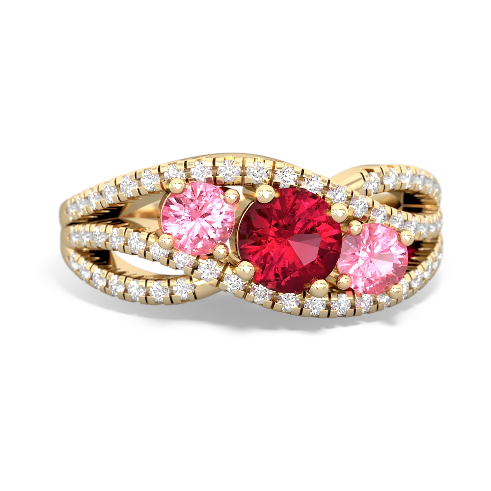 Lab Ruby Three Stone Aurora 14K Yellow Gold ring R3080