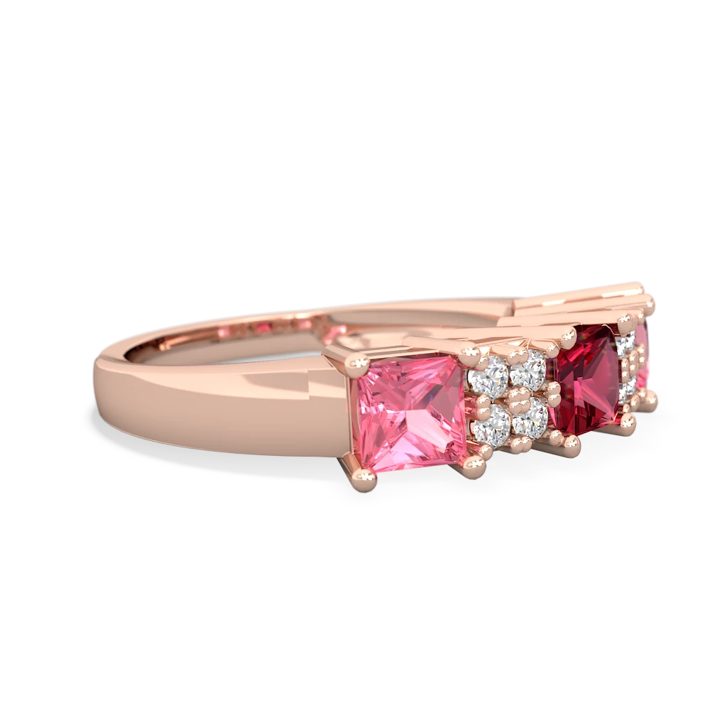 Lab Ruby Three Stone Diamond Cluster 14K Rose Gold ring R2592