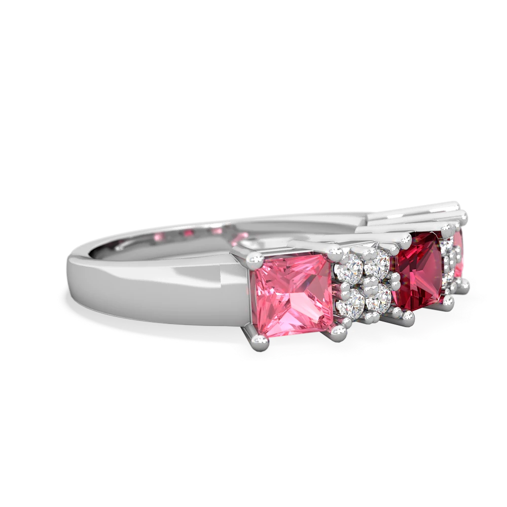 Lab Ruby Three Stone Diamond Cluster 14K White Gold ring R2592