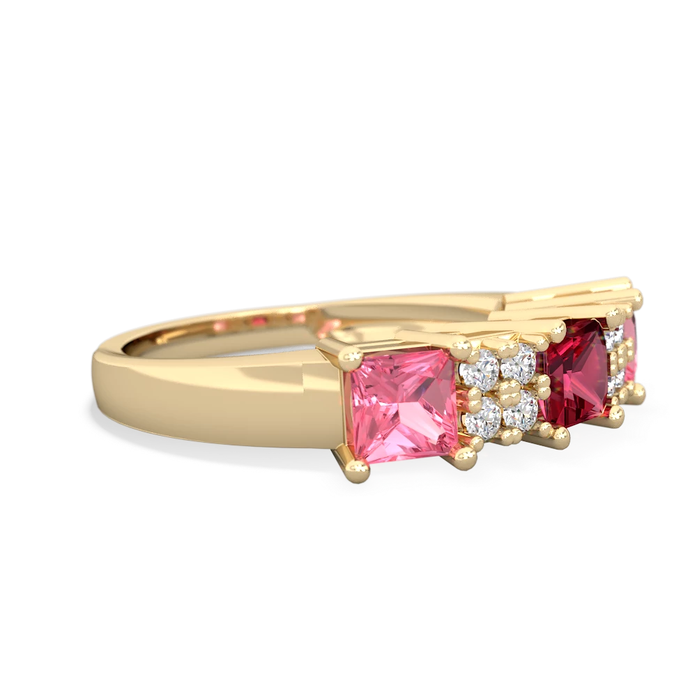 Lab Ruby Three Stone Diamond Cluster 14K Yellow Gold ring R2592