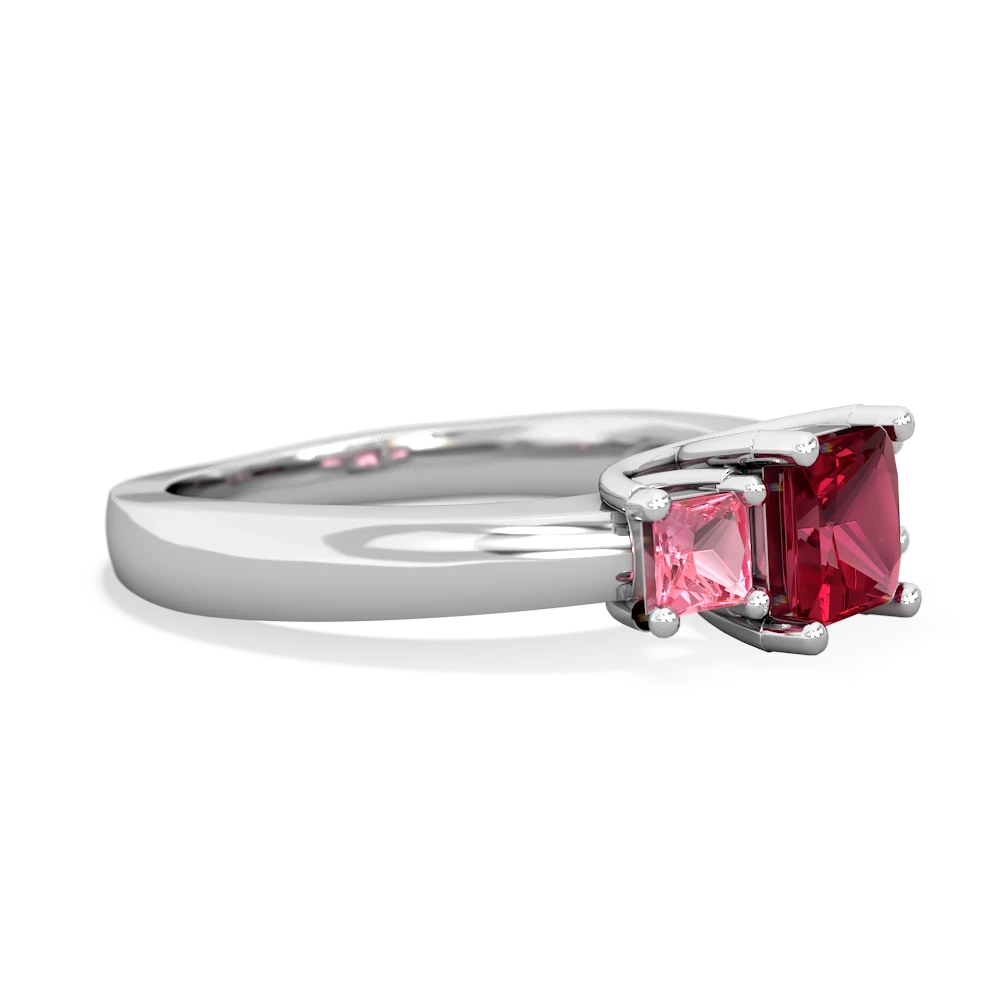 Lab Ruby Three Stone Trellis 14K White Gold ring R4015