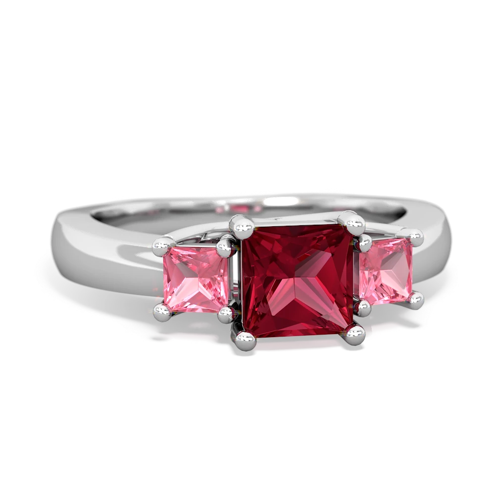 Lab Ruby Three Stone Trellis 14K White Gold ring R4015