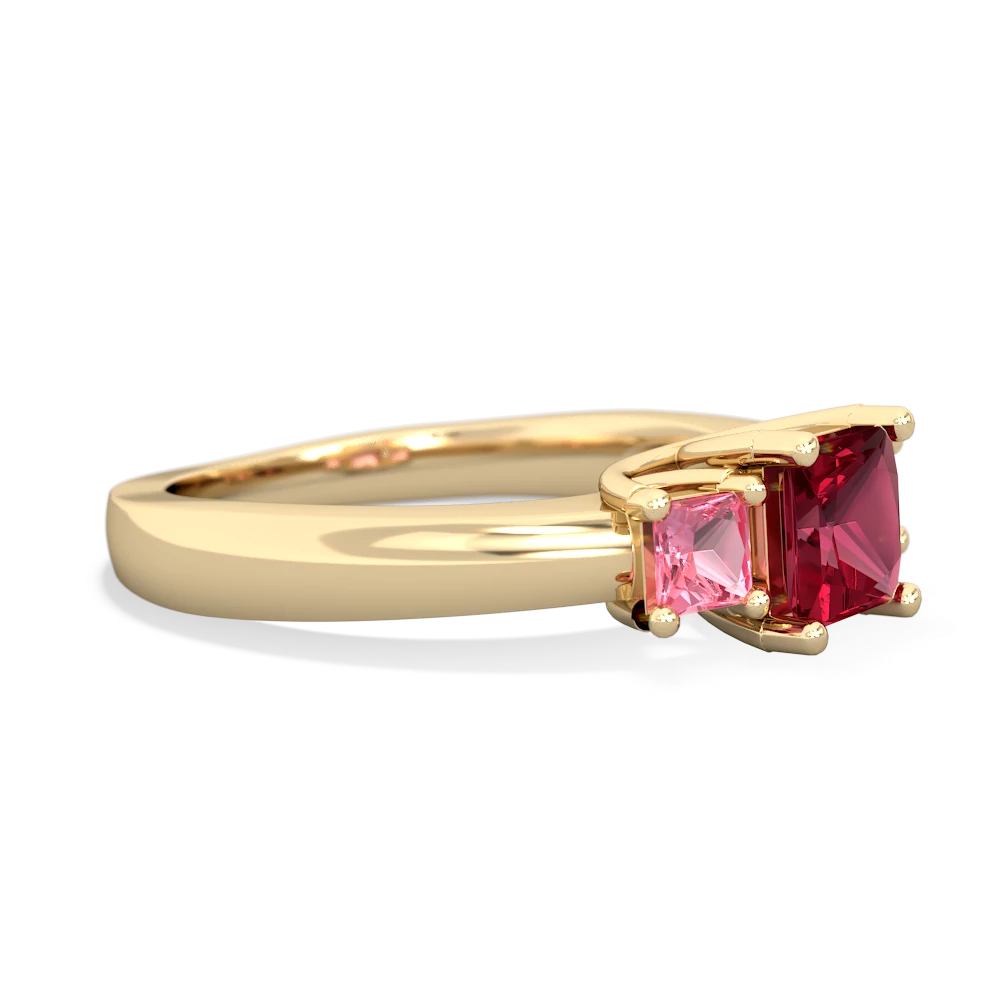 Lab Ruby Three Stone Trellis 14K Yellow Gold ring R4015