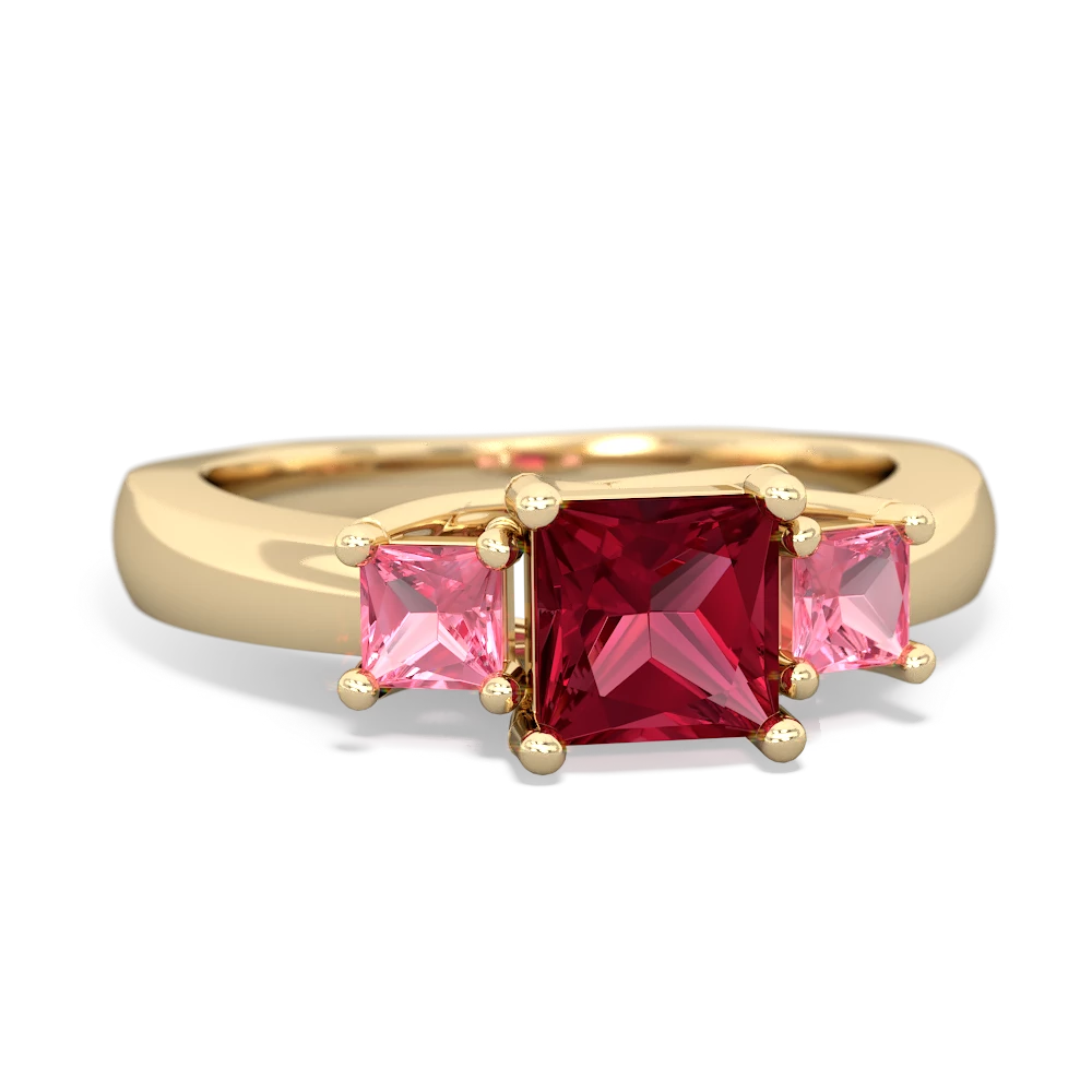 Lab Ruby Three Stone Trellis 14K Yellow Gold ring R4015