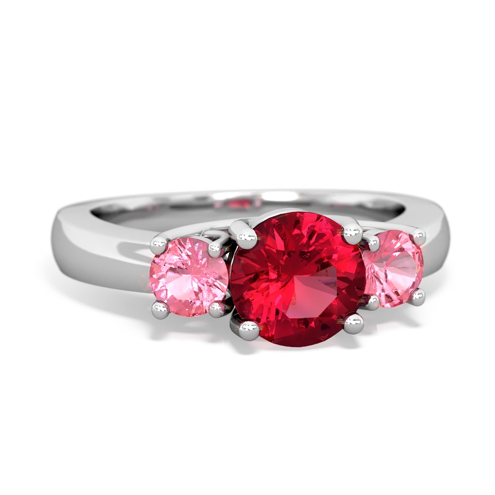 Lab Ruby Three Stone Round Trellis 14K White Gold ring R4018