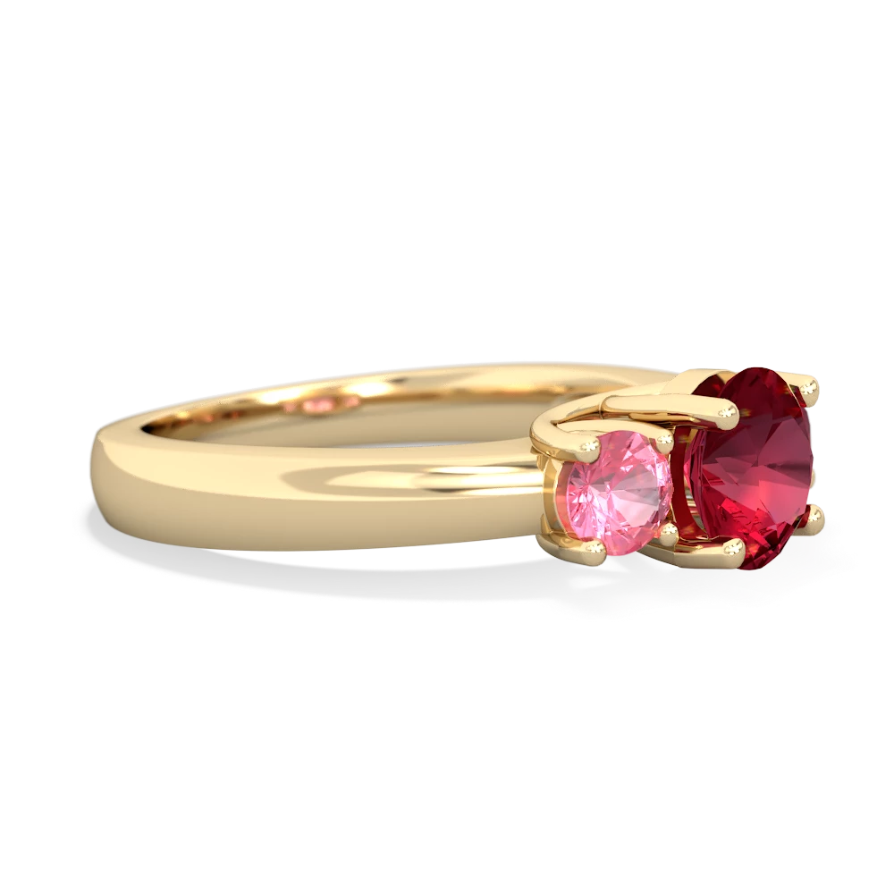 Lab Ruby Three Stone Round Trellis 14K Yellow Gold ring R4018