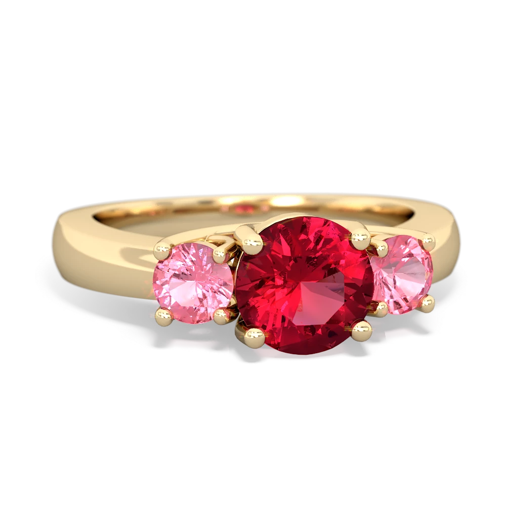 Lab Ruby Three Stone Round Trellis 14K Yellow Gold ring R4018