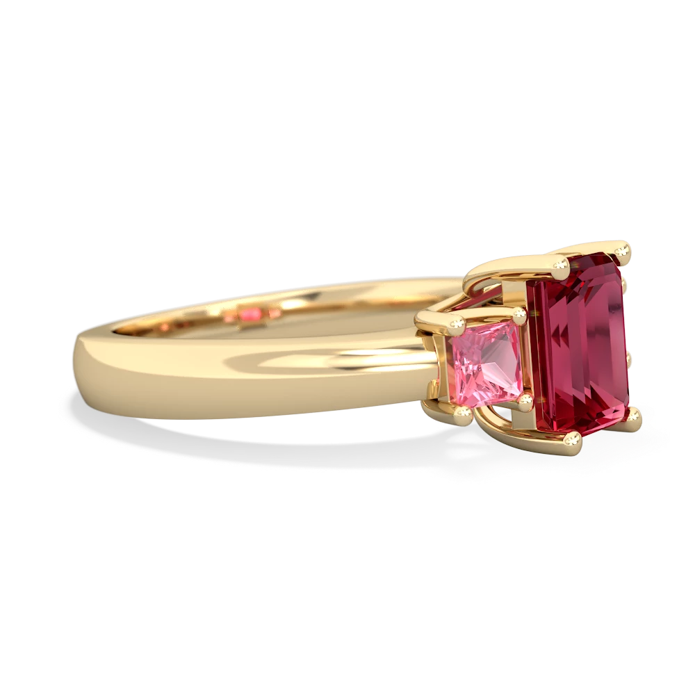 Lab Ruby Three Stone Emerald-Cut Trellis 14K Yellow Gold ring R4021