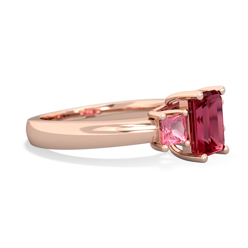 Lab Ruby Three Stone Emerald-Cut Trellis 14K Rose Gold ring R4021