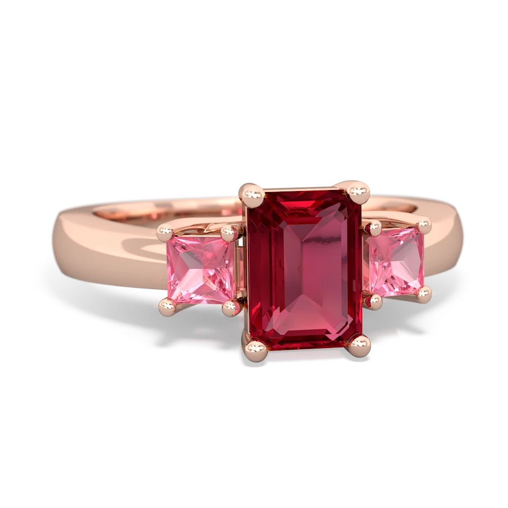 Lab Ruby Three Stone Emerald-Cut Trellis 14K Rose Gold ring R4021