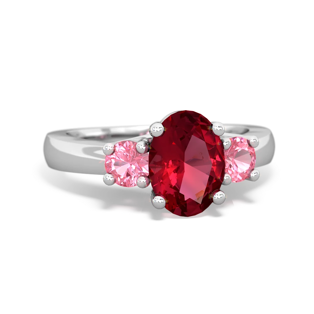 Lab Ruby Three Stone Oval Trellis 14K White Gold ring R4024