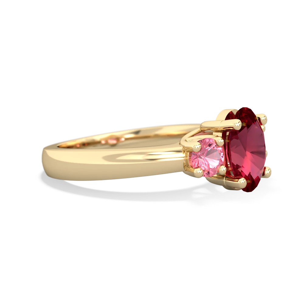 Lab Ruby Three Stone Oval Trellis 14K Yellow Gold ring R4024