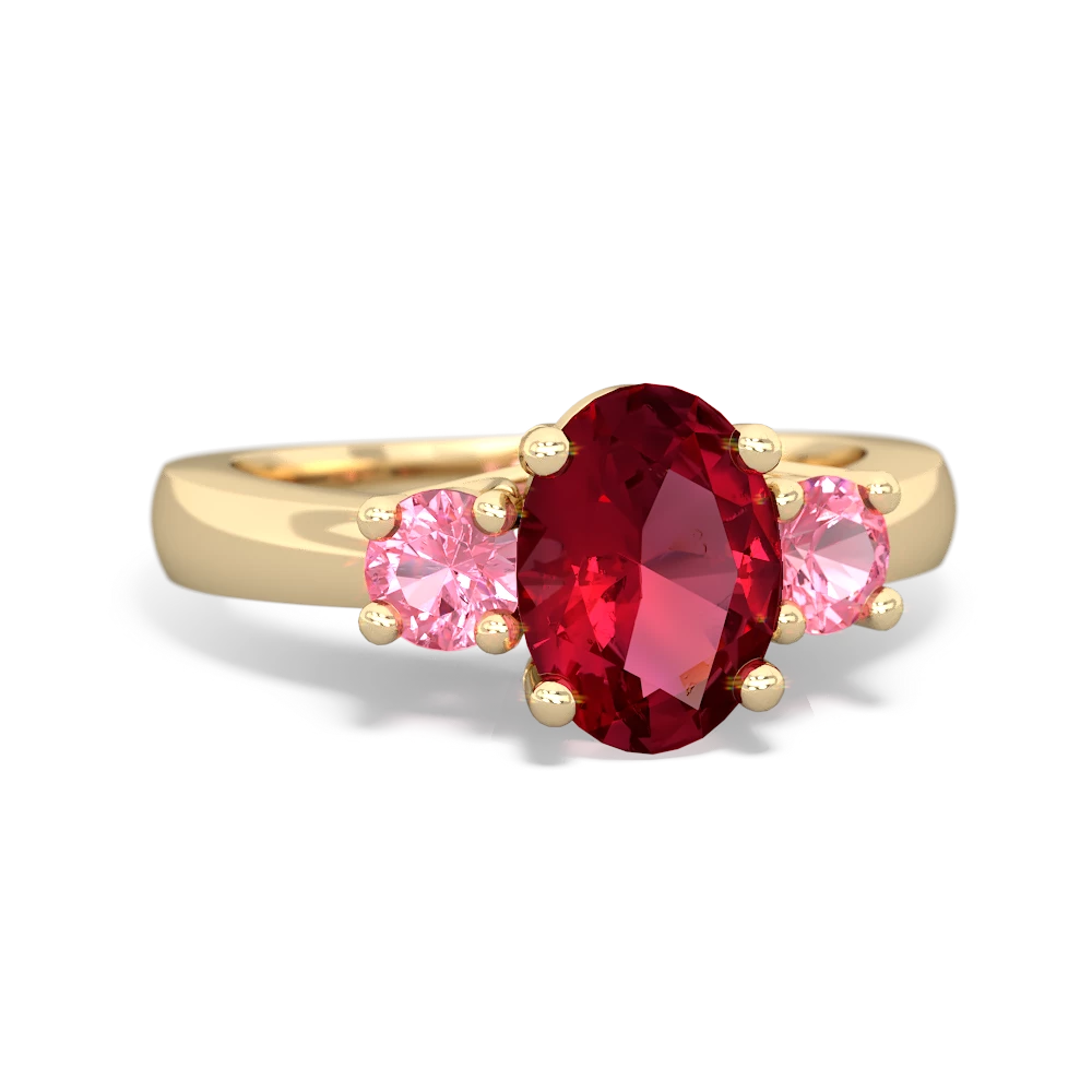 Lab Ruby Three Stone Oval Trellis 14K Yellow Gold ring R4024