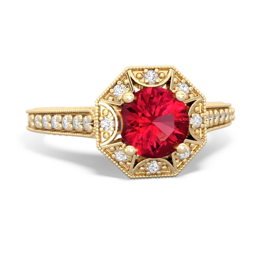 Lab Ruby Art-Deco Starburst 14K Yellow Gold ring R5520