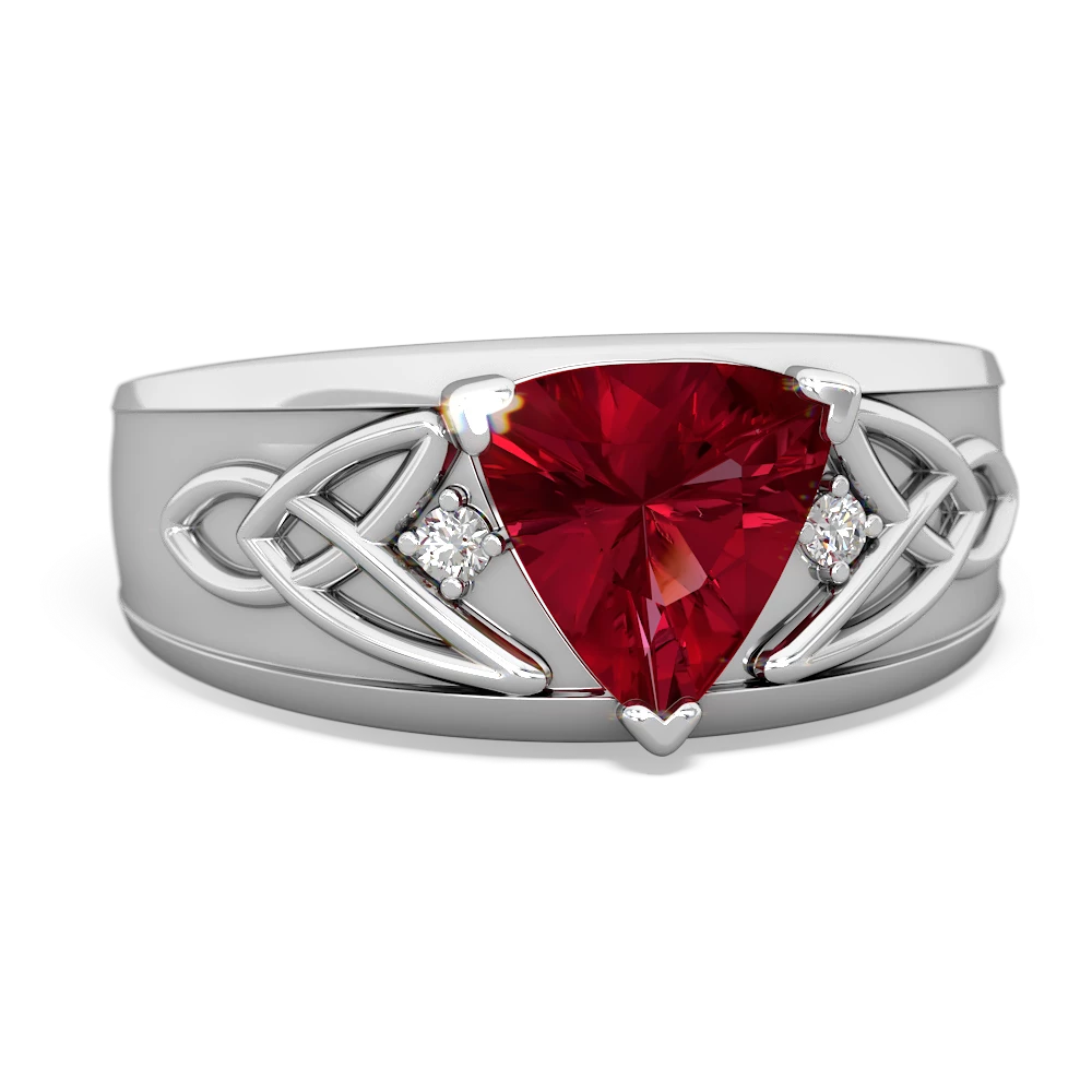 Lab Ruby Celtic Trinity Knot Men's 14K White Gold ring R0440