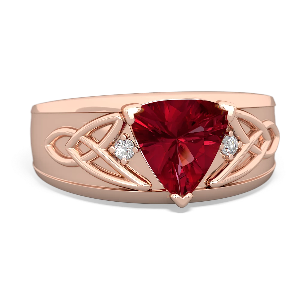 Lab Ruby Celtic Trinity Knot Men's 14K Rose Gold ring R0440