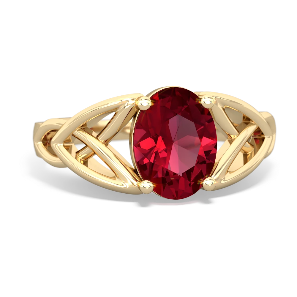 Lab Ruby Celtic Trinity Knot 14K Yellow Gold ring R2389