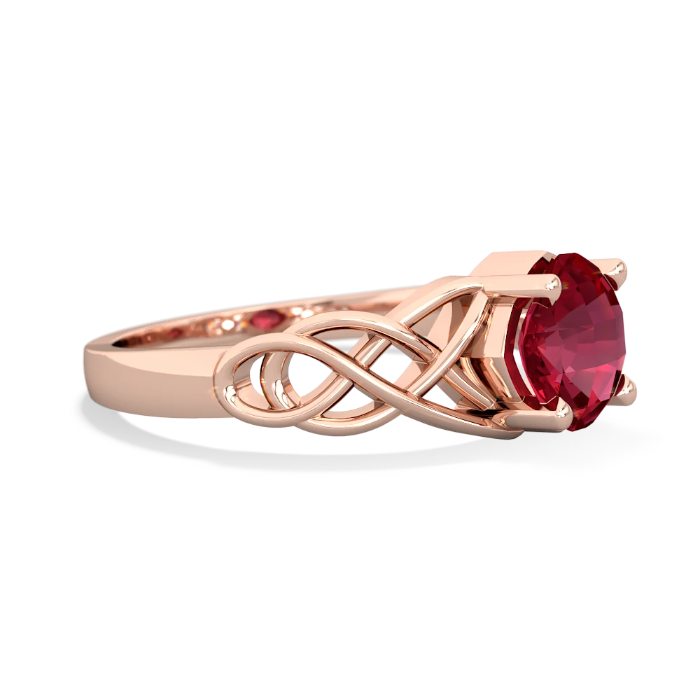 Lab Ruby Checkerboard Cushion Celtic Knot 14K Rose Gold ring R5000