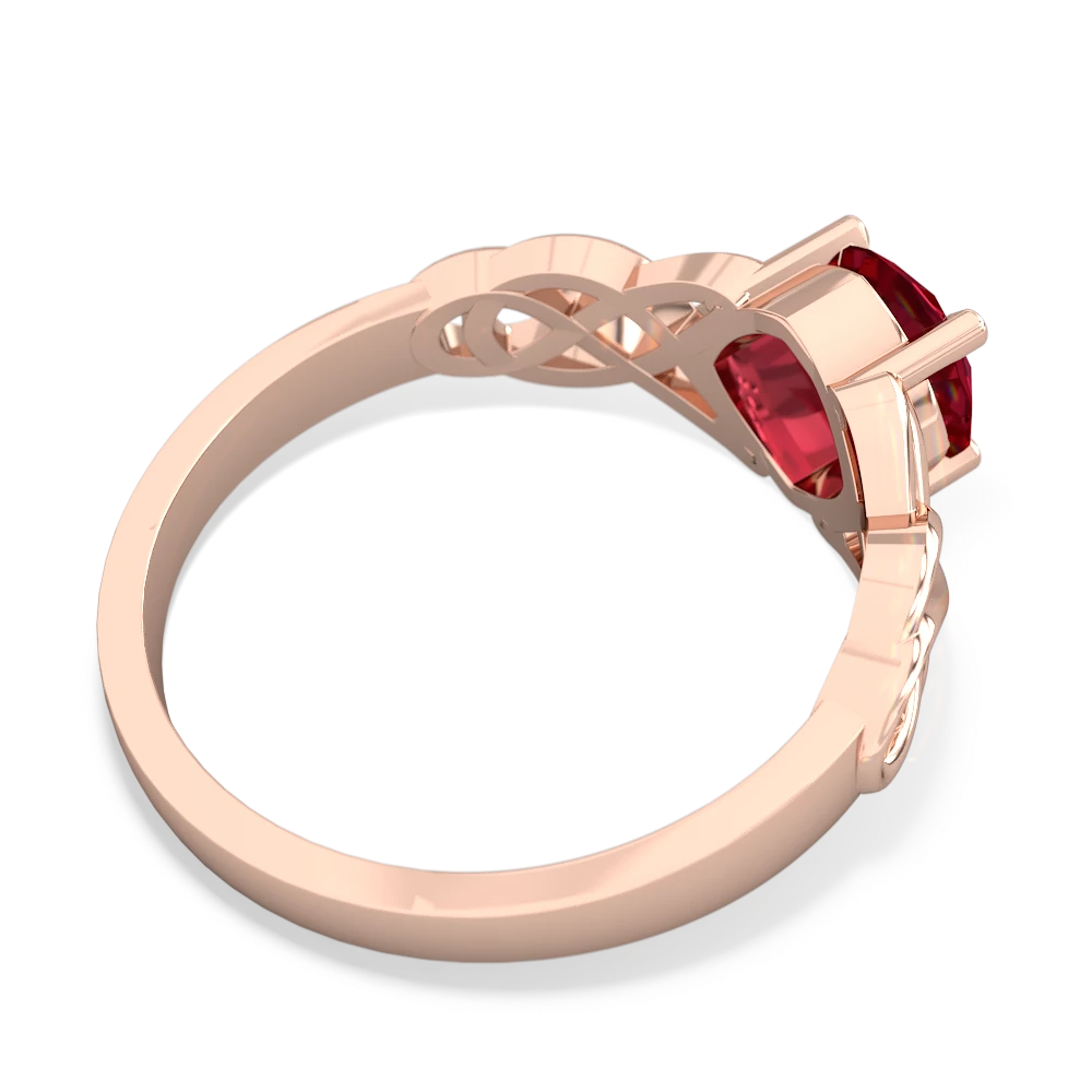 Lab Ruby Checkerboard Cushion Celtic Knot 14K Rose Gold ring R5000