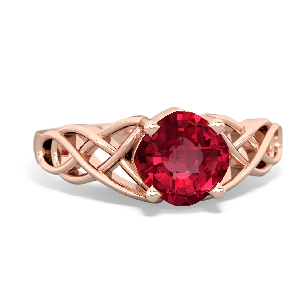 Lab Ruby Checkerboard Cushion Celtic Knot 14K Rose Gold ring R5000