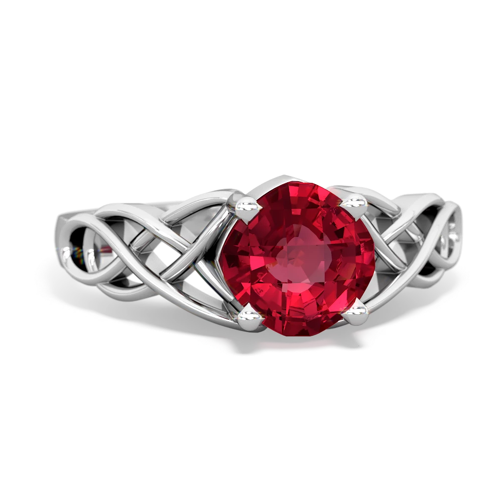 Lab Ruby Checkerboard Cushion Celtic Knot 14K White Gold ring R5000