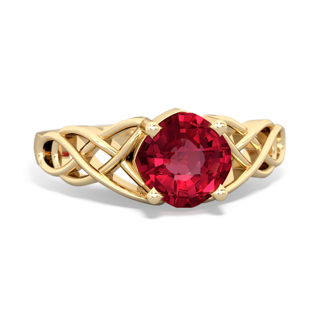 Lab Ruby Checkerboard Cushion Celtic Knot 14K Yellow Gold ring R5000