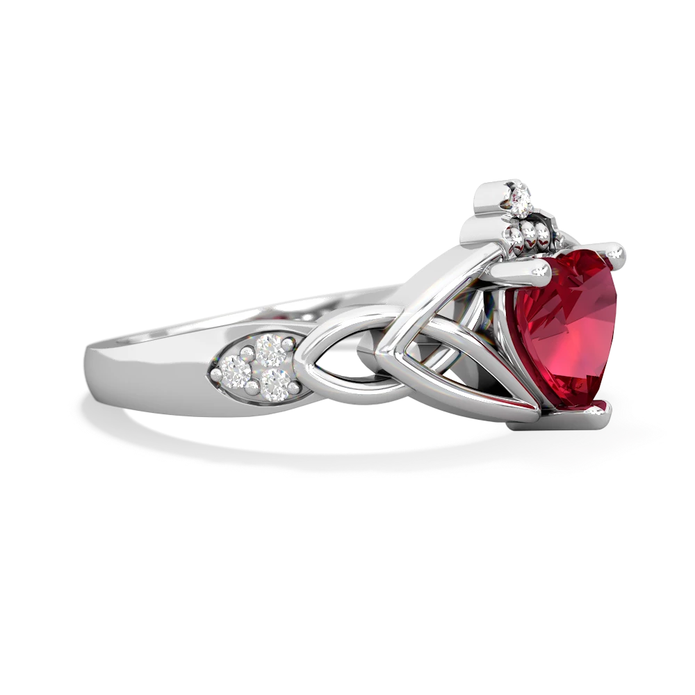 Lab Ruby Claddagh Celtic Knot Diamond 14K White Gold ring R5001