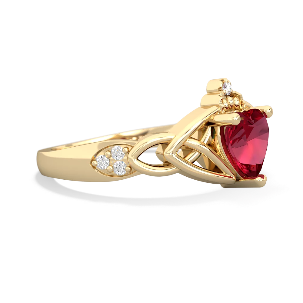 Lab Ruby Claddagh Celtic Knot Diamond 14K Yellow Gold ring R5001