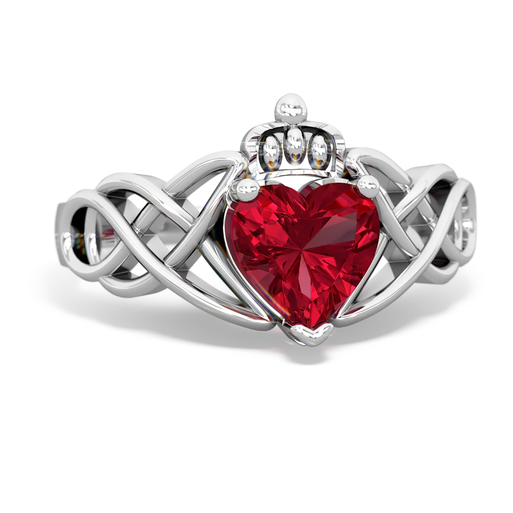 Lab Ruby Claddagh Celtic Knot 14K White Gold ring R2367