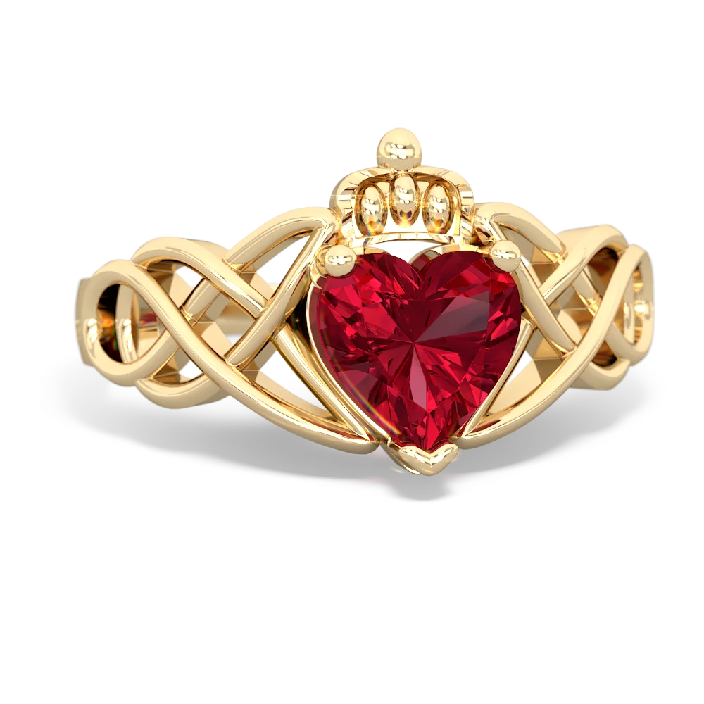 Lab Ruby Claddagh Celtic Knot 14K Yellow Gold ring R2367