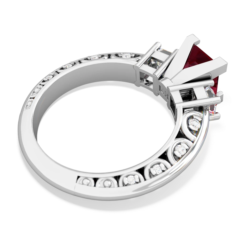 Lab Ruby Art Deco Diamond Engagement 6Mm Princess 14K White Gold ring R2001