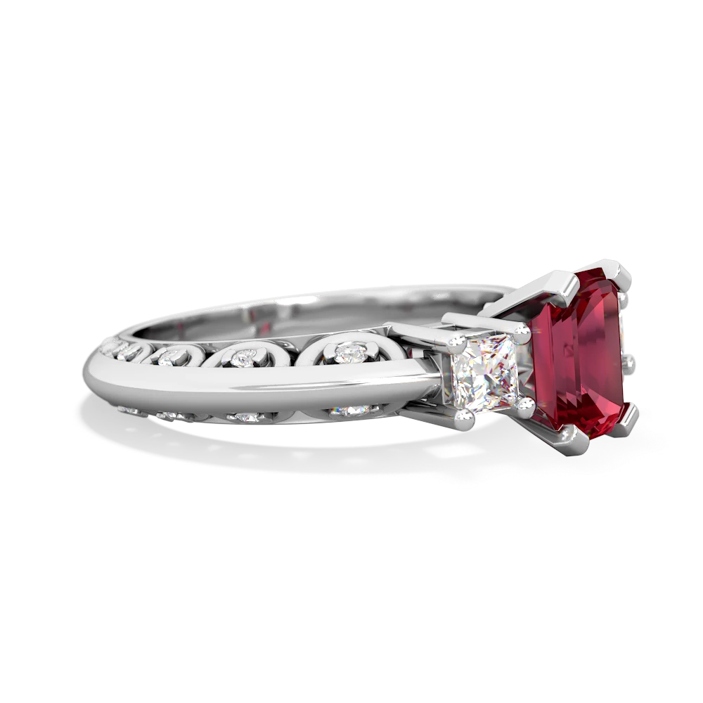 Lab Ruby Art Deco Diamond 7X5 Emerald-Cut Engagement 14K White Gold ring R20017EM