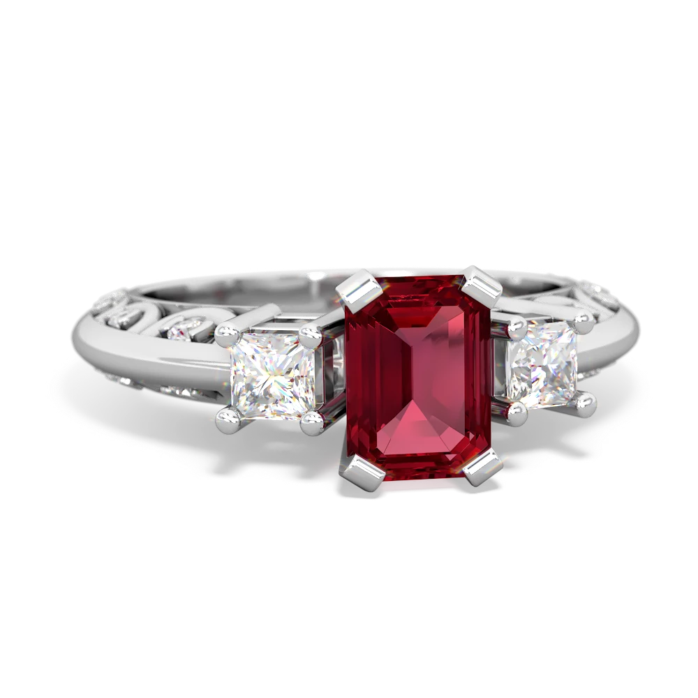 Lab Ruby Art Deco Diamond 7X5 Emerald-Cut Engagement 14K White Gold ring R20017EM