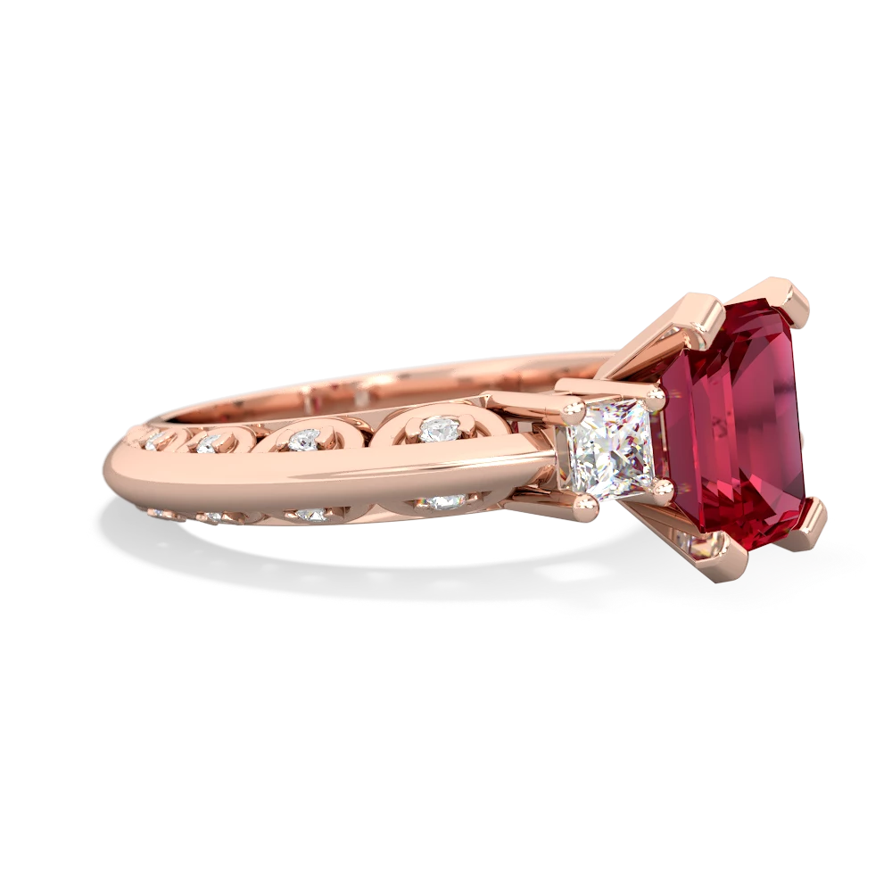 Lab Ruby Art Deco Diamond 8X6 Emerald-Cut Engagement 14K Rose Gold ring R20018EM