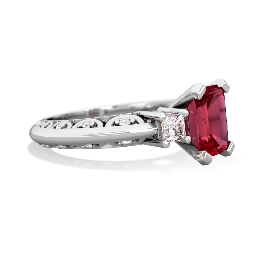 Lab Ruby Art Deco Diamond 8X6 Emerald-Cut Engagement 14K White Gold ring R20018EM